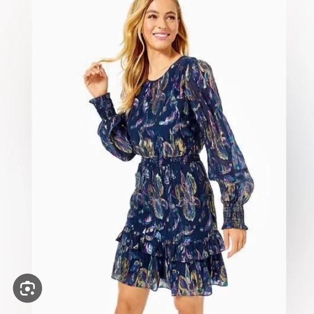 Lilly Pulitzer Dotti Silk Ruffle Dress in Metallic Navy Floral